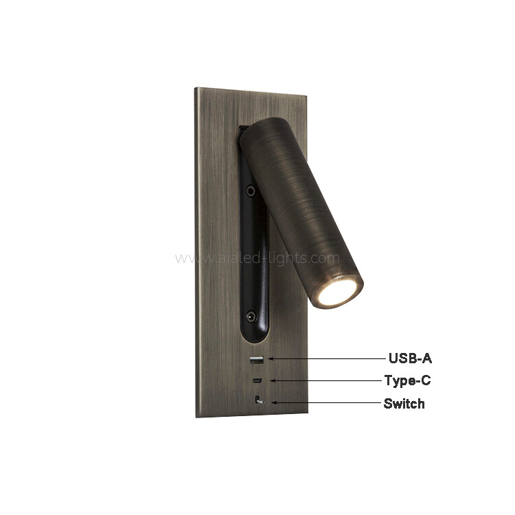 Hotel Bedside 3W Reading Wall Sconce Bed Headboard Wall Light With USB Type-C Recessed