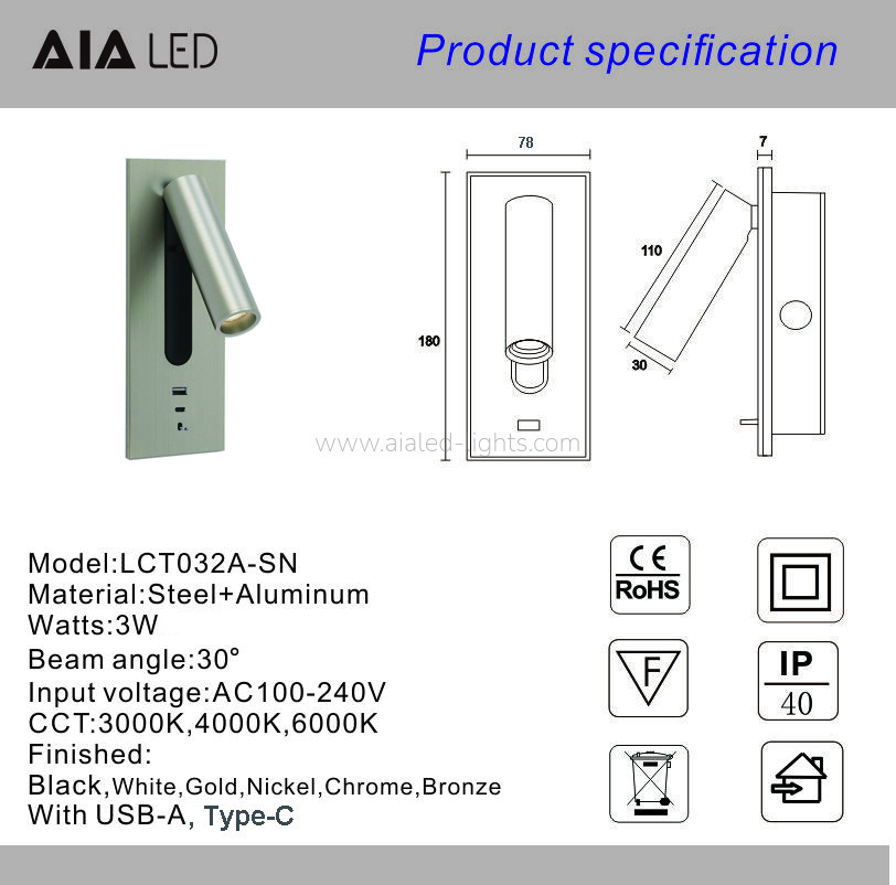 Hotel Bedside 3W Reading Wall Sconce Bed Headboard Wall Light With USB Type-C Recessed