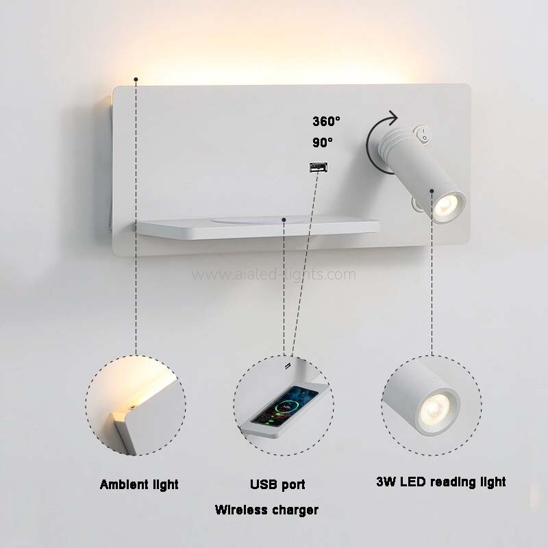 Multi-Functional Wall Lamp Hotel Wall mounted Reading Light Wireless Charger & USB Port