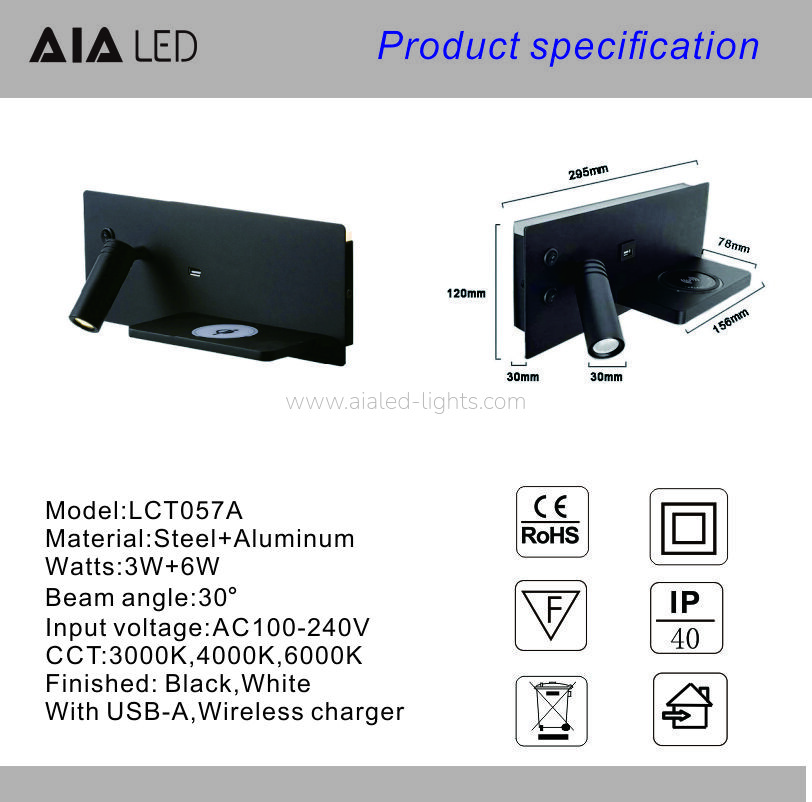 Multi-Functional Wall Lamp Hotel Wall mounted Reading Light Wireless Charger & USB Port