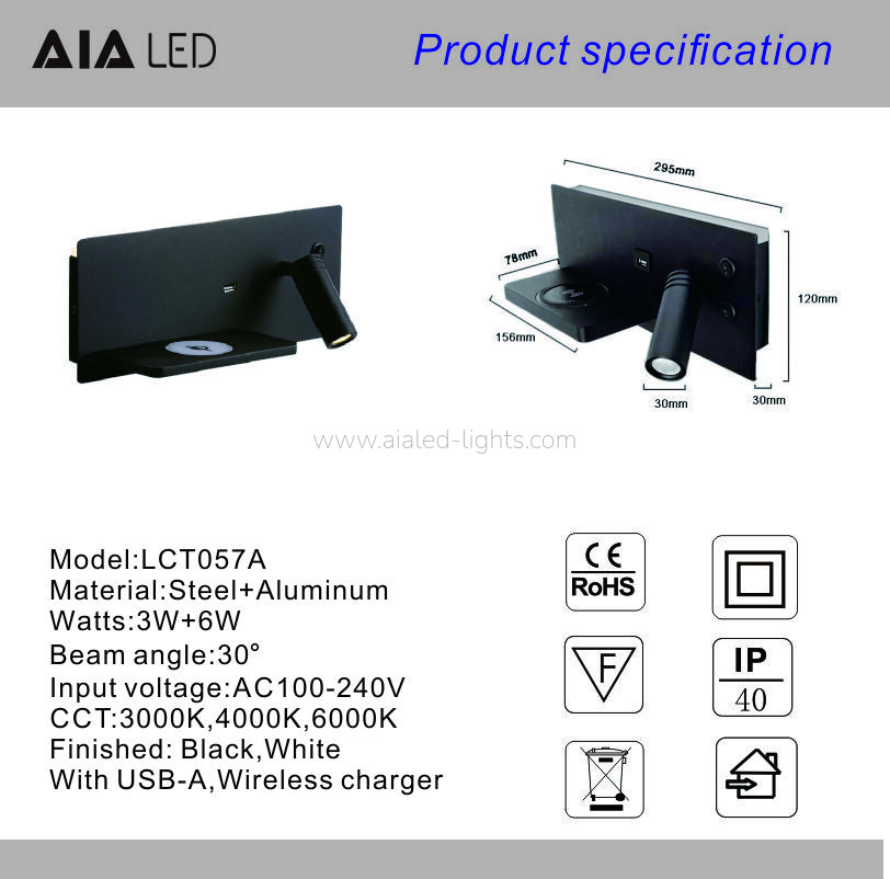 Multi-Functional Wall Lamp Hotel Wall mounted Reading Light Wireless Charger & USB Port