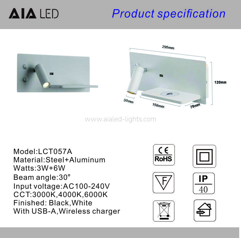 Multi-Functional Wall Lamp Hotel Wall mounted Reading Light Wireless Charger & USB Port