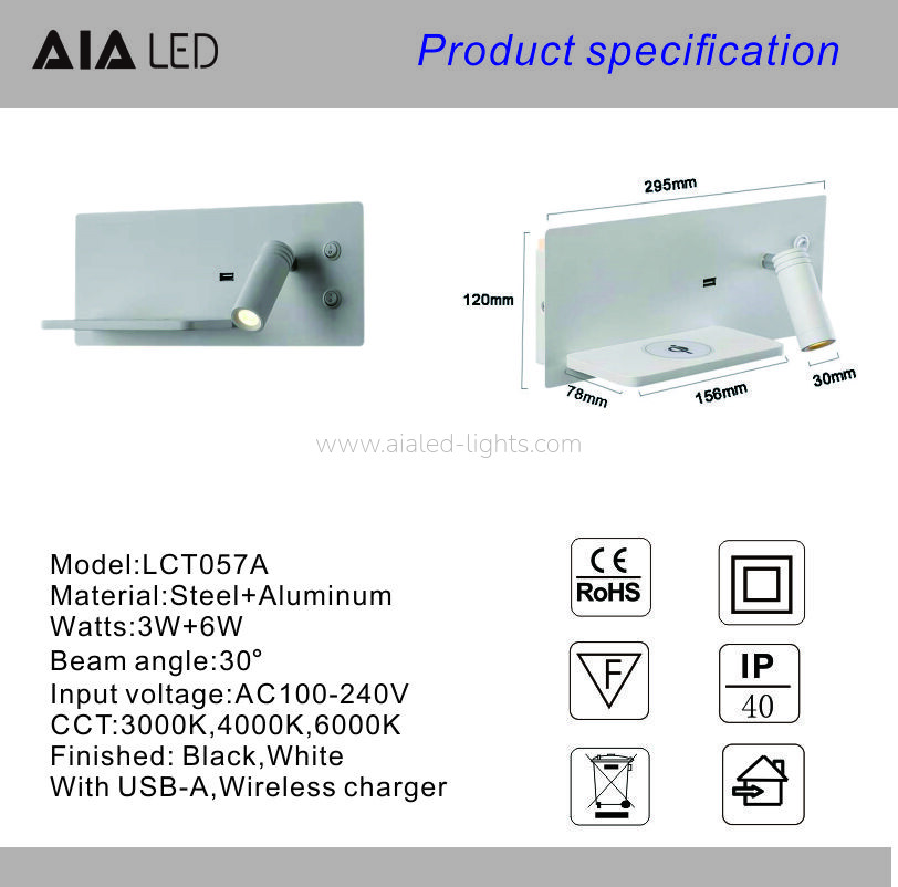 Multi-Functional Wall Lamp Hotel Wall mounted Reading Light Wireless Charger & USB Port