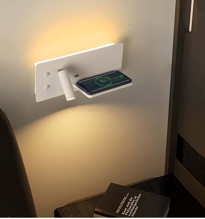 Multi-Functional Wall Lamp Hotel Wall mounted Reading Light Wireless Charger & USB Port