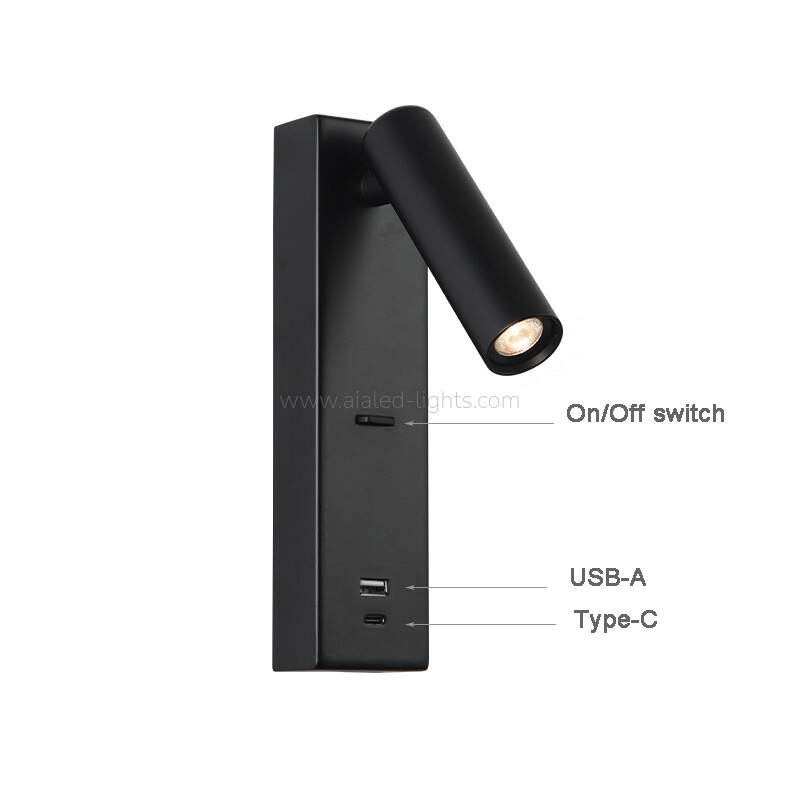Hotel Project Villa Bedside 3W Reading Wall Sconce Adjustable With USB Type-C Charger