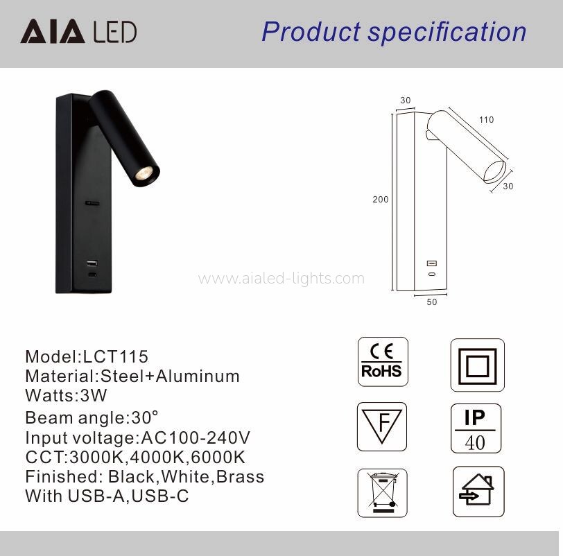 Hotel Project Villa Bedside 3W Reading Wall Sconce Adjustable With USB Type-C Charger