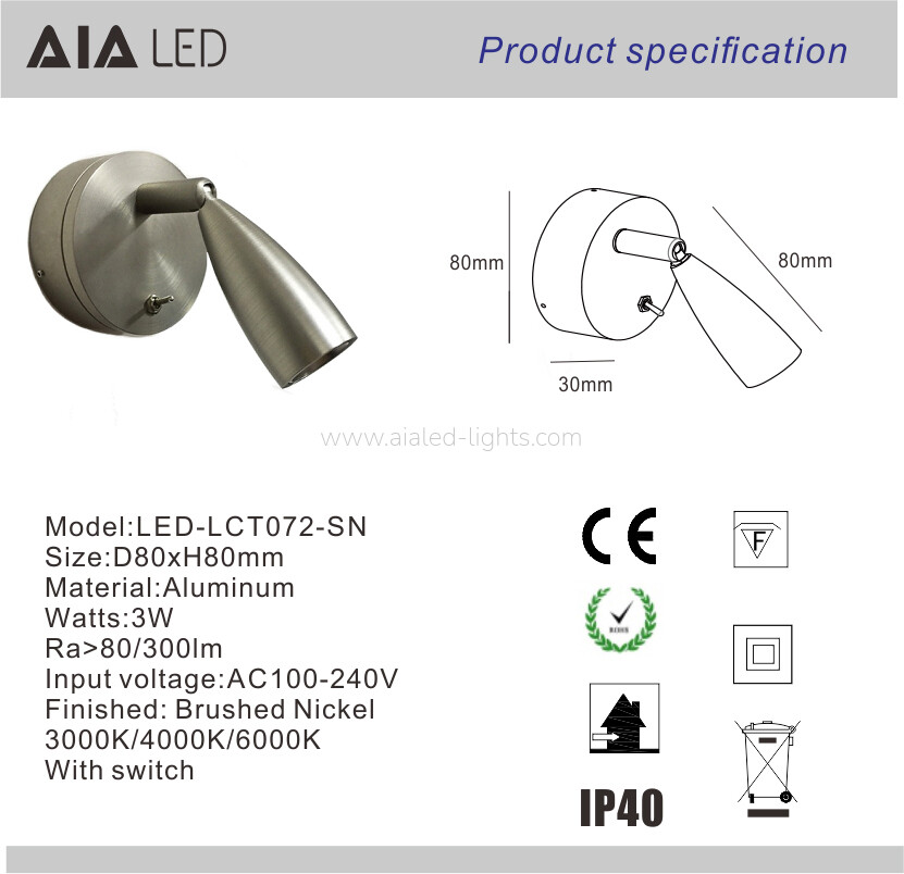 3W Spotlight Felixble angle Hotel Bedside Reading Wall Light With On/Off Switch