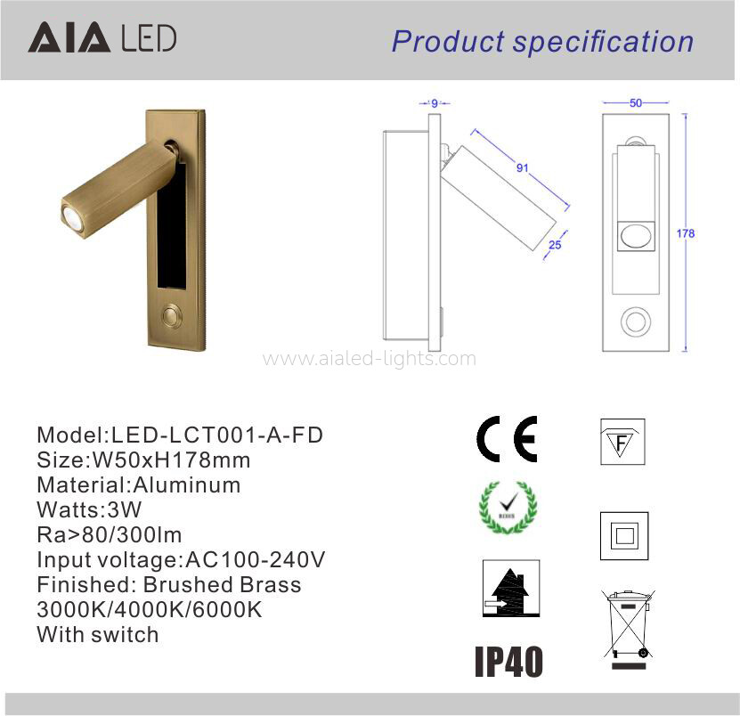 Modern Revolving Wall Light Hotel Reading Wall Lamp with button on/off Switch