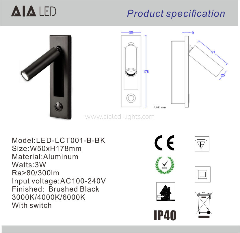Modern Reading Wall Lamp Hotel Project Wall Light with button on/off Switch