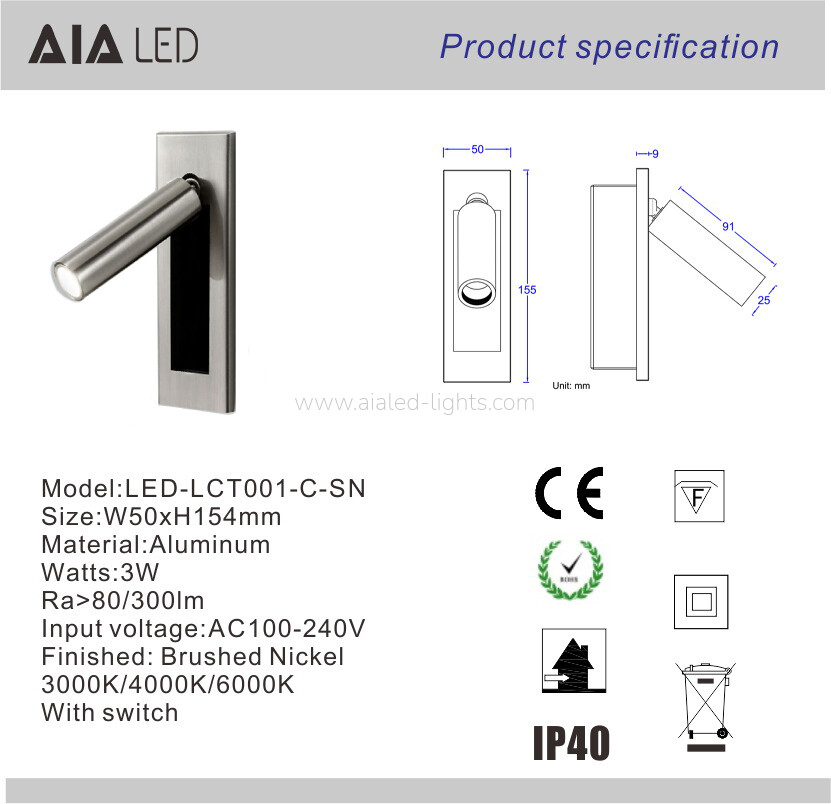 Recessed Wall Lamp Hotel Villa Bedroom Wall Light with Hidden on/off Switch
