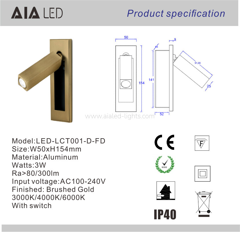 Headboard Reading Wall Light Bedroom 3W Bedside Wall Lamp for Resort