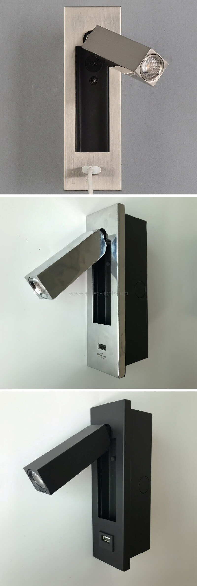 Recessed Mounted Square 3W Head Adjustable Bedside Reading Wall Lamp Hotel Wall Light