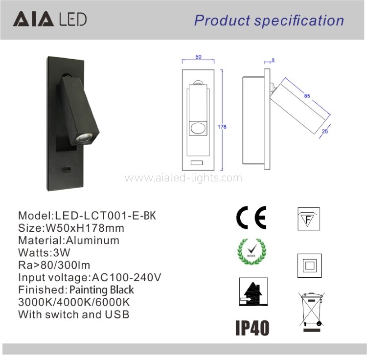 Recessed Mounted Square 3W Head Adjustable Bedside Reading Wall Lamp Hotel Wall Light