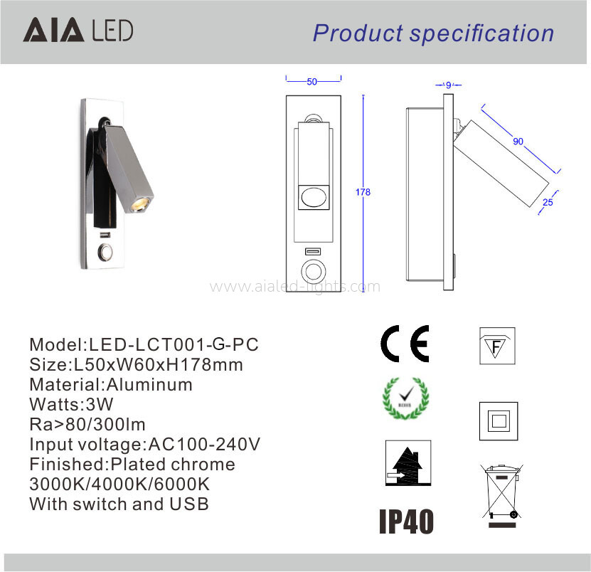 Hotel Reading Wall Lamp Headboard Wall Light with Push-button Switch 3W