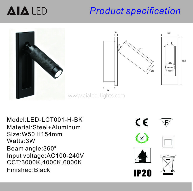 Recessed Moounted 3W reading wall light with diamond knurl pattern lamp head for Hotel villa