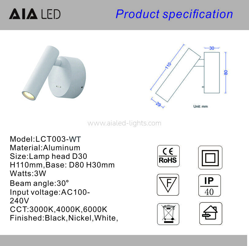 Surface 3W Bed Headbaord Wall Lamp Hotel Villa bedroom Reading Light