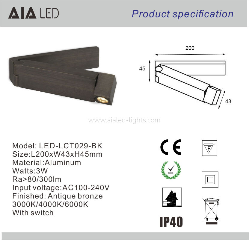 Surface Headboard Reading Light hotel Project Adjustable 3W wall light