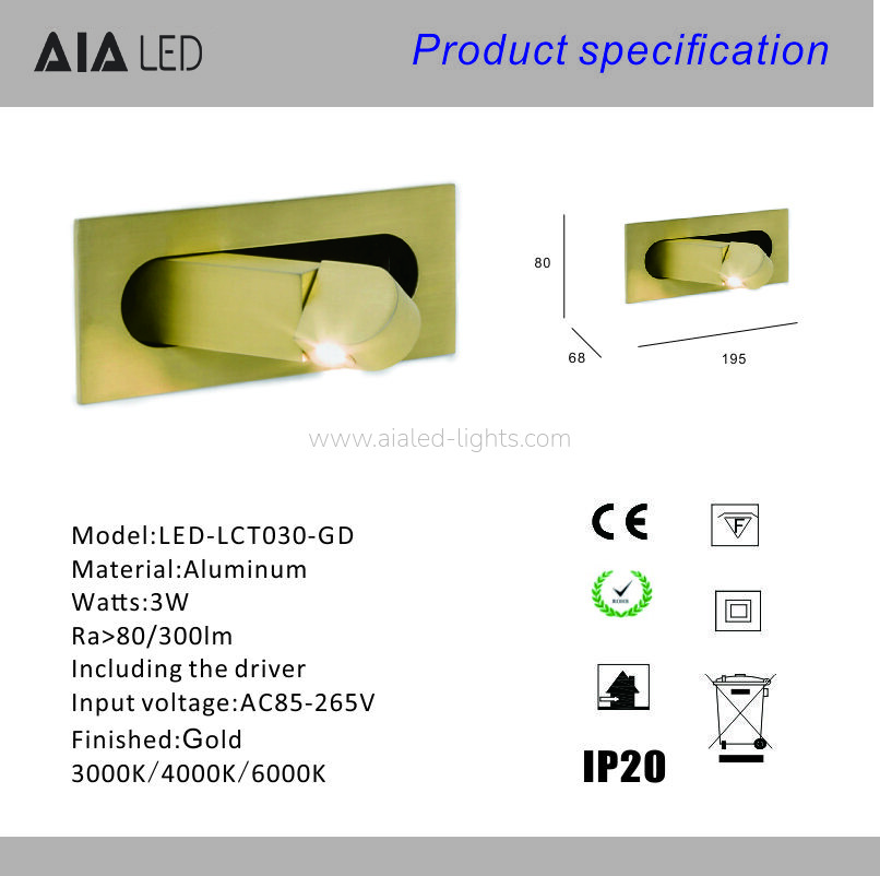 Flexible Head Adjustable Hotel 3W Reading Wall Lamp Bed Wall Light