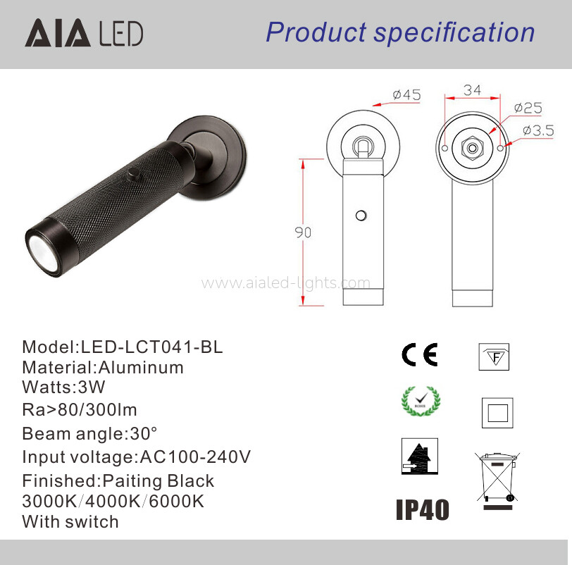 Embedded Small 3W reading wall light with pattern lamp head for hotel villa
