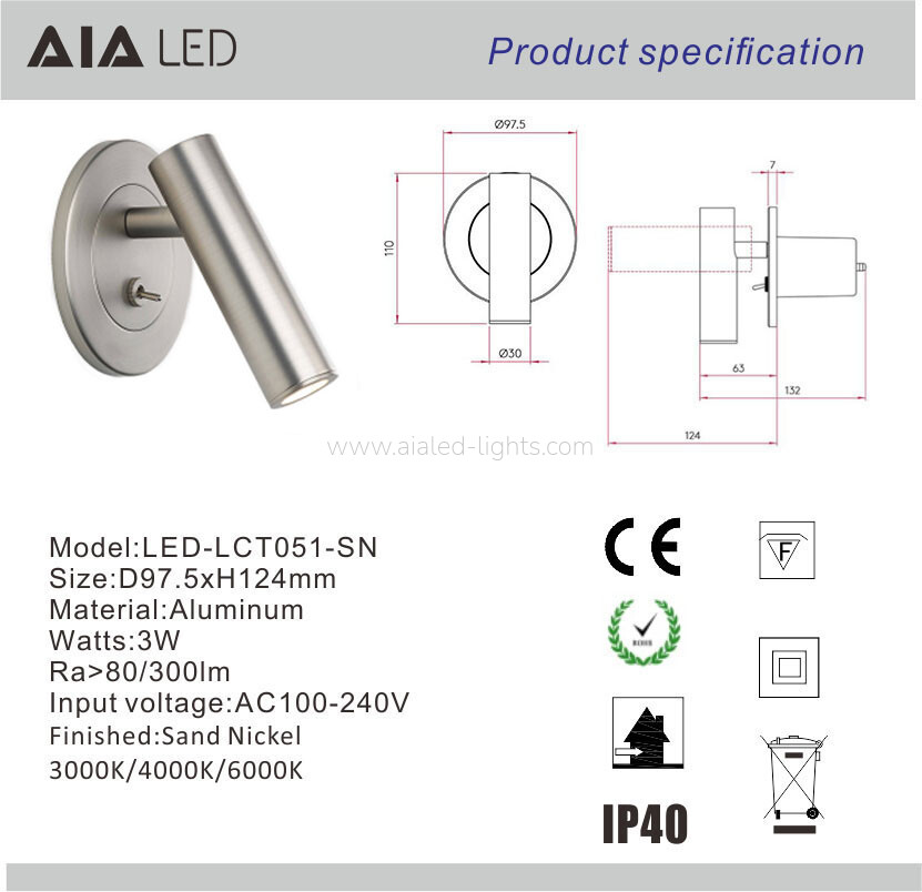 Base-mounted 3W reading wall light Headboard Wall Lamp for hotel villa