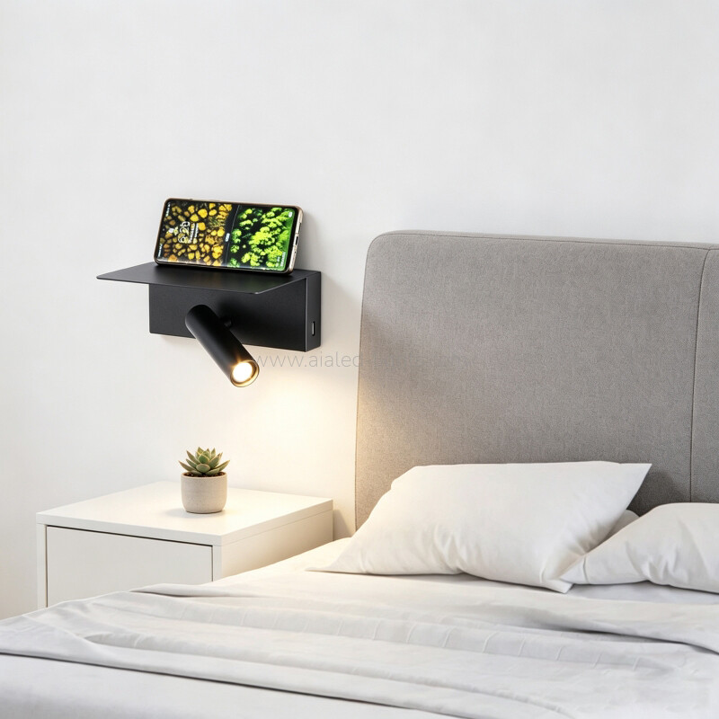 Swtich Dimmable Wall Lamp Hotel Villa Bedroom Bed Wall Light with Type-C and Shelf