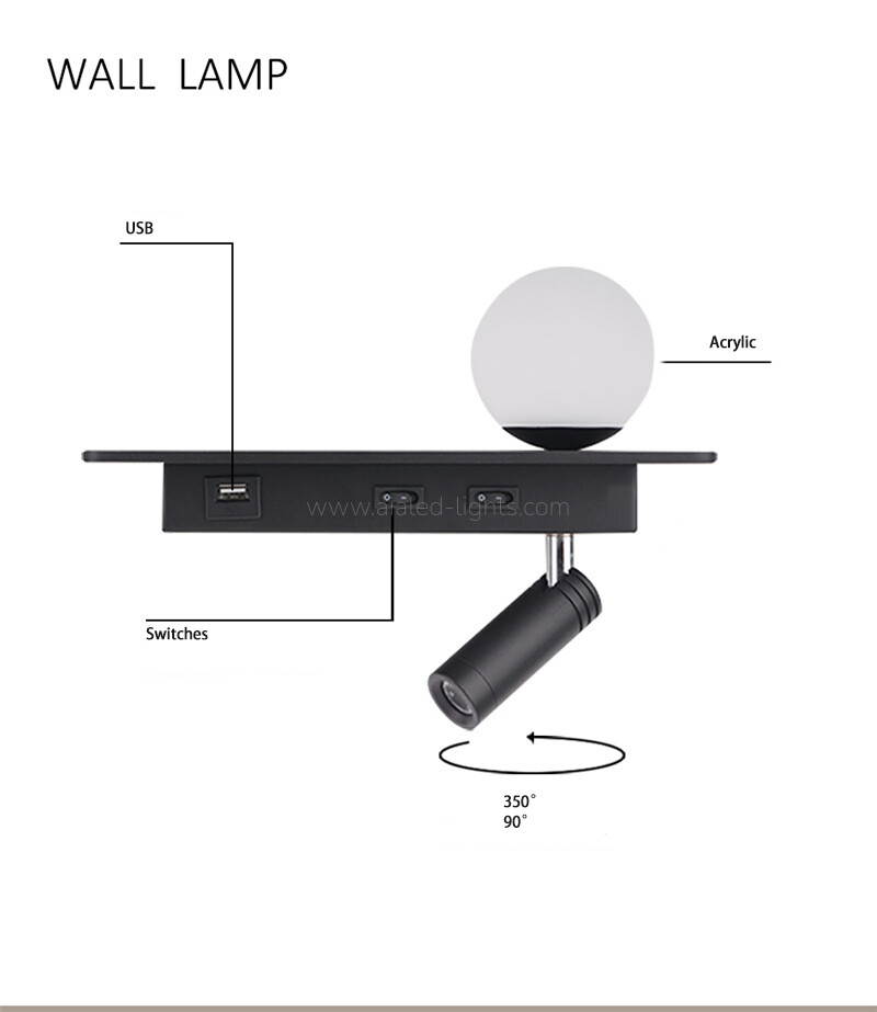 Reading Wall light Flexible 3W Spotlight Acrylic Ball Wall Lamp