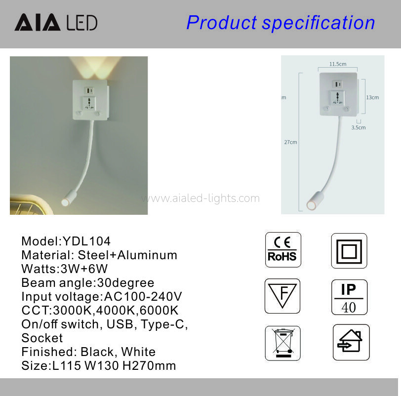 Headboard Wall Light with USB type-C Socket adjutable angle