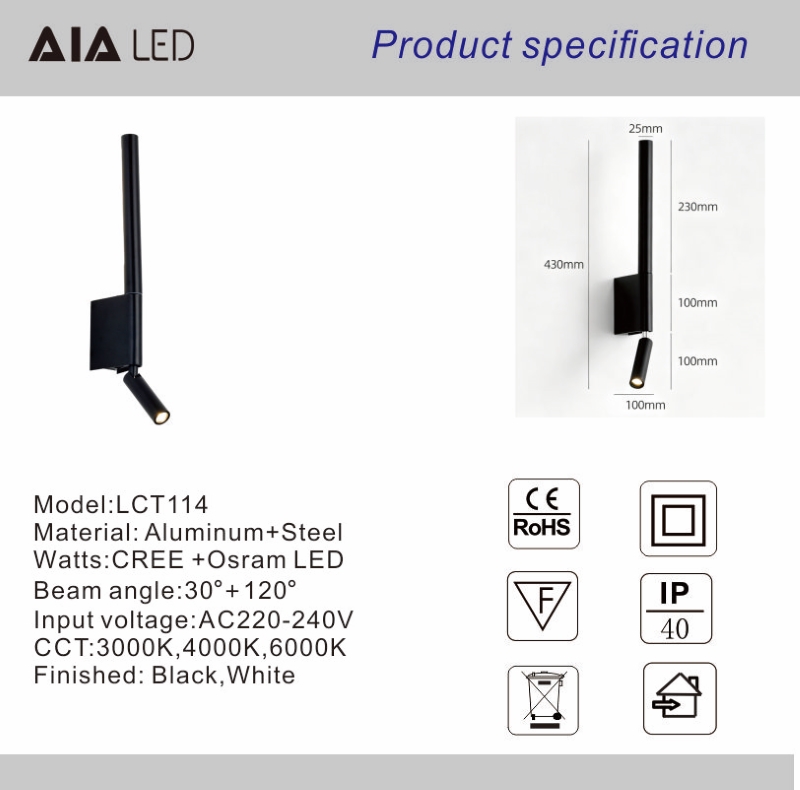 telescopic surface mount led wall sconce, dual light wall lamp with rotatable spotlight
