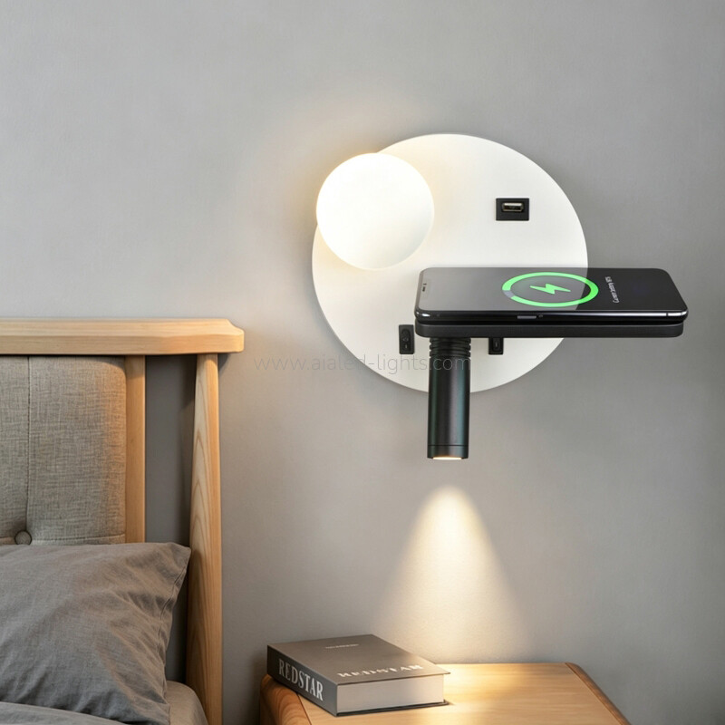 wireless charging bedside wall lamp, usb port wall sconce, acrylic ball shade wall light