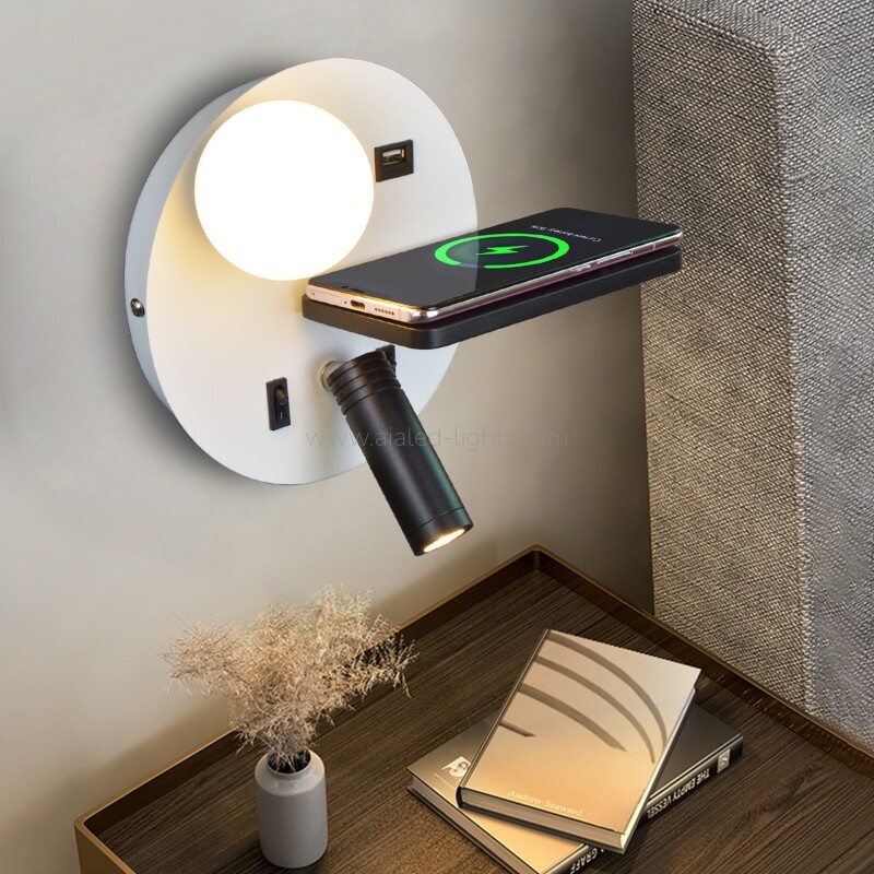 wireless charging bedside wall lamp, usb port wall sconce, acrylic ball shade wall light