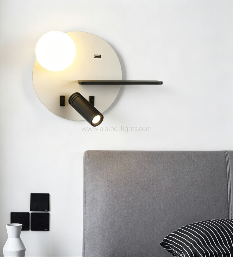 wireless charging bedside wall lamp, usb port wall sconce, acrylic ball shade wall light