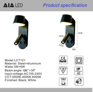 Hotel Wall light Adjustable Spotlight + Ambient Light, Dual Switches Contemporary Sleek Design with Spotlight & Ambient Light for Hospitality
