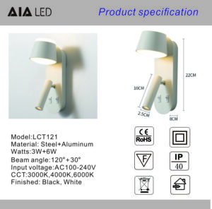 Hotel Wall light Adjustable Spotlight + Ambient Light, Dual Switches Contemporary Minimalist Adjustable Wall Light, Sleek Design with Spotlight-White
