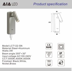 USB bedside Reading Wall Light-Nickel