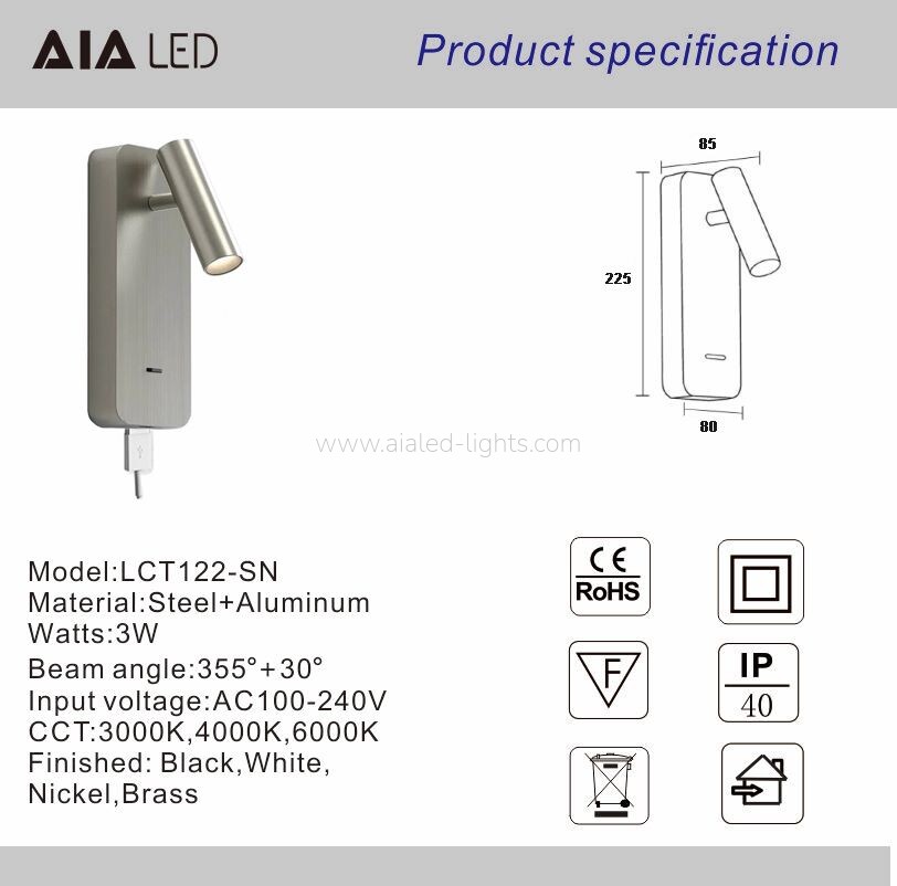 USB bedside Reading Wall Light-Nickel