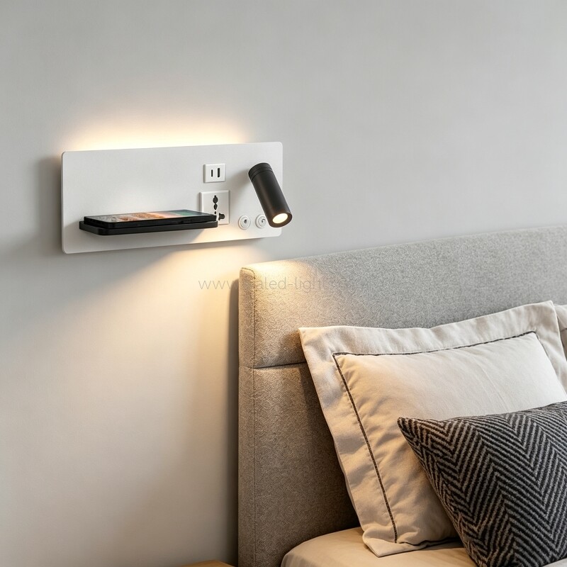 modern hotel wall lamp with spotlight, ambient light, usb a, type c socket& wireless charging