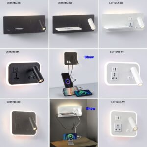 Modern Hotel Wall Lamp with Spotlight, Ambient Light, USB-A, Type-C Socket& Wireless Charging Sleek hotel wall sconce with adjustable spotlight, soft ambient light, USB-A/Type-C ports Socket, and wireless charging