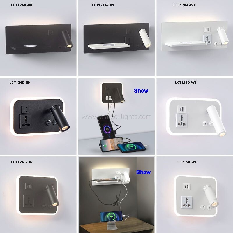 Sleek hotel wall sconce with adjustable spotlight, soft ambient light, USB-A/Type-C ports Socket, and wireless charging