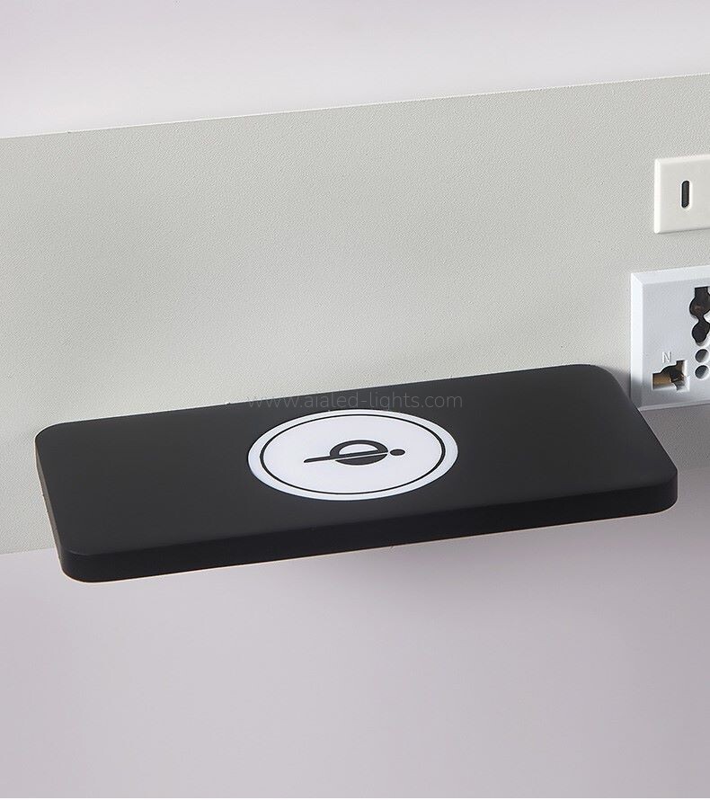 Sleek hotel wall sconce with adjustable spotlight, soft ambient light, USB-A/Type-C ports Socket, and wireless charging