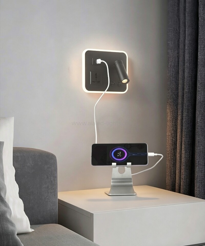 modern hotel wall lamp with spotlight, ambient light, usb a, type c socket& wireless charging