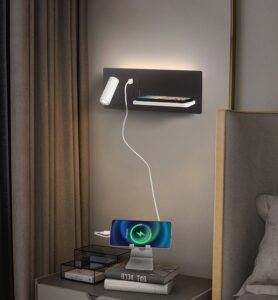 Modern Hotel Wall Lamp with Spotlight, Ambient Light, USB-A, Type-C Socket& Wireless Charging Sleek hotel wall sconce with adjustable spotlight, soft ambient light, USB-A/Type-C ports Socket, and wireless charging
