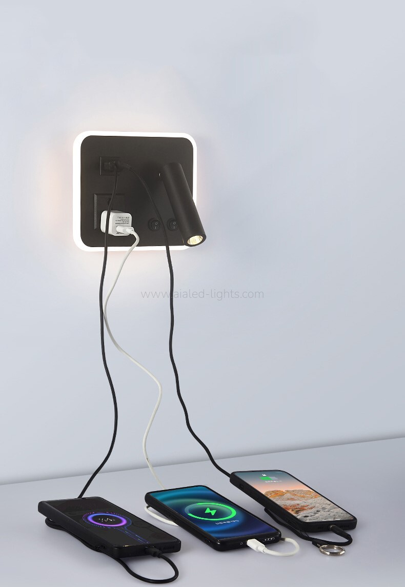 modern hotel wall lamp with spotlight, ambient light, usb a, type c socket& wireless charging