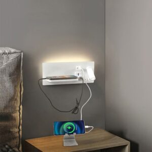 Modern Hotel Wall Lamp with Spotlight, Ambient Light, USB-A, Type-C Socket& Wireless Charging Sleek hotel wall sconce with adjustable spotlight, soft ambient light, USB-A/Type-C ports Socket, and wireless charging