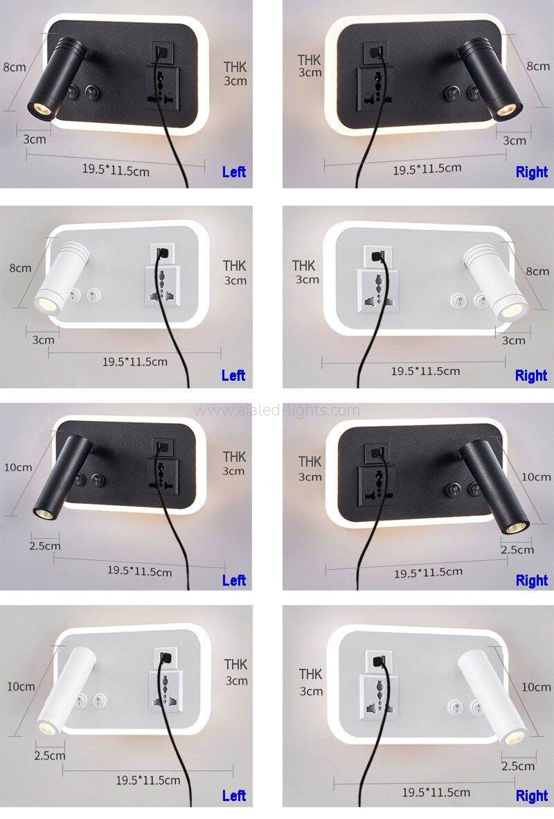 Sleek hotel wall sconce with adjustable spotlight, soft ambient light, USB-A/Type-C ports Socket, and wireless charging
