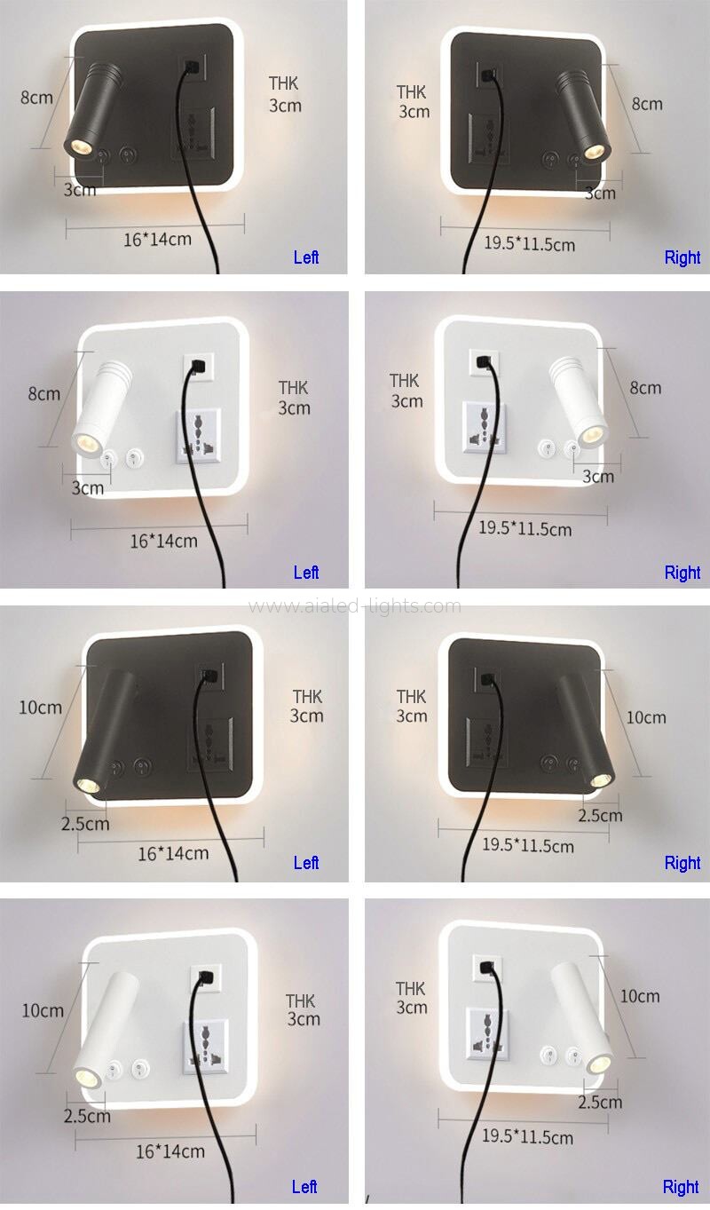 Sleek hotel wall sconce with adjustable spotlight, soft ambient light, USB-A/Type-C ports Socket, and wireless charging