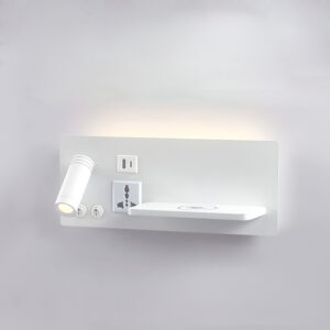Modern Hotel Wall Lamp with Spotlight, Ambient Light, USB-A, Type-C Socket& Wireless Charging Sleek hotel wall sconce with adjustable spotlight, soft ambient light, USB-A/Type-C ports Socket, and wireless charging