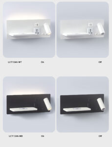 Modern Hotel Wall Lamp with Spotlight, Ambient Light, USB-A, Type-C Socket& Wireless Charging Sleek hotel wall sconce with adjustable spotlight, soft ambient light, USB-A/Type-C ports Socket, and wireless charging