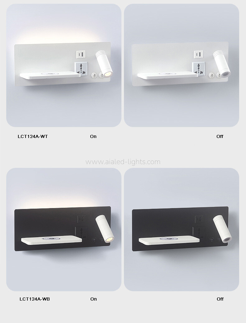 Sleek hotel wall sconce with adjustable spotlight, soft ambient light, USB-A/Type-C ports Socket, and wireless charging