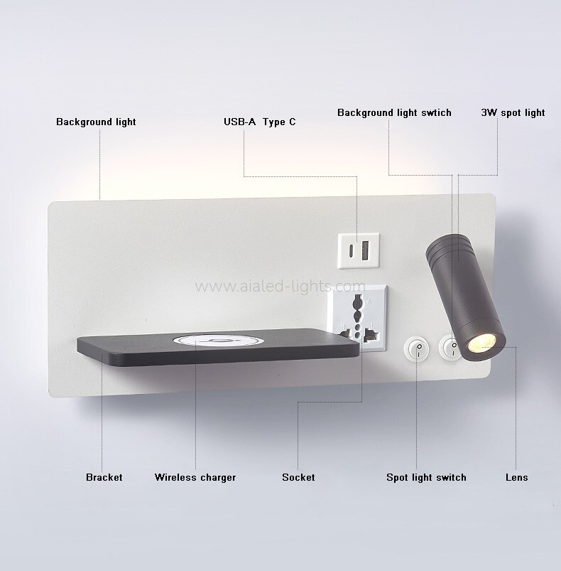 Sleek hotel wall sconce with adjustable spotlight, soft ambient light, USB-A/Type-C ports Socket, and wireless charging