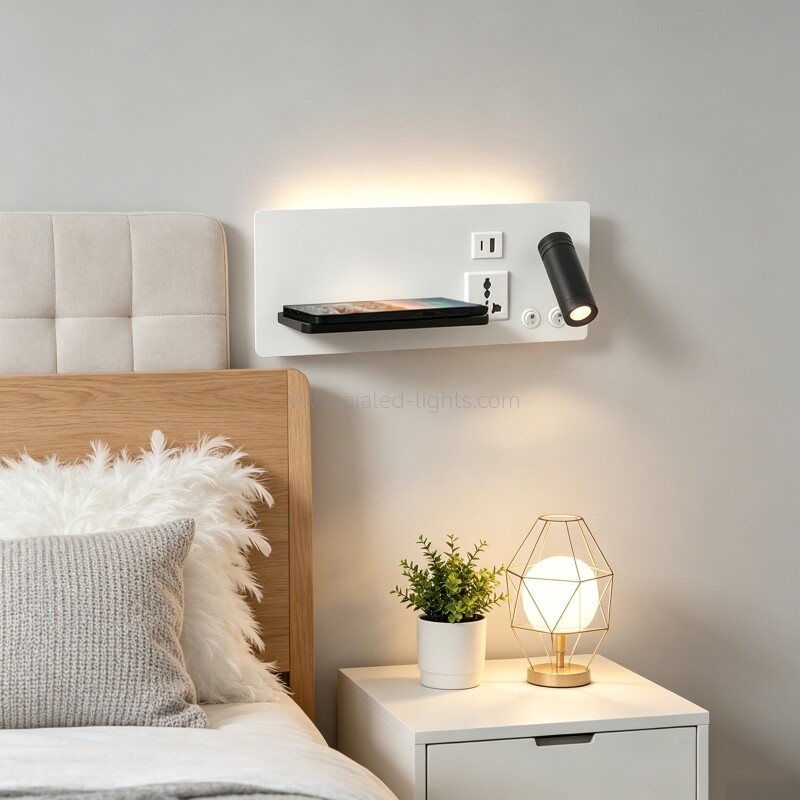 modern hotel wall lamp with spotlight, ambient light, usb a, type c socket& wireless charging